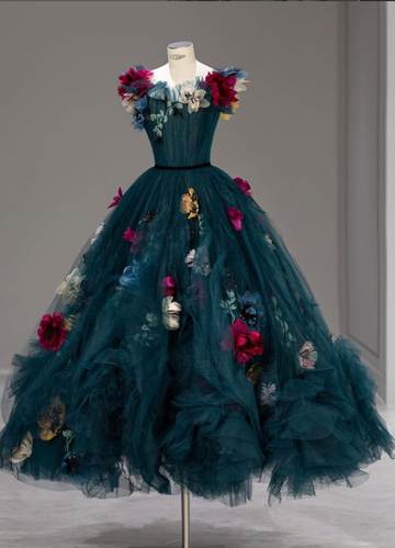 Luxurious A Line Strapless 3D Floral Tulle Ball Gown Prom Dress HZ1023